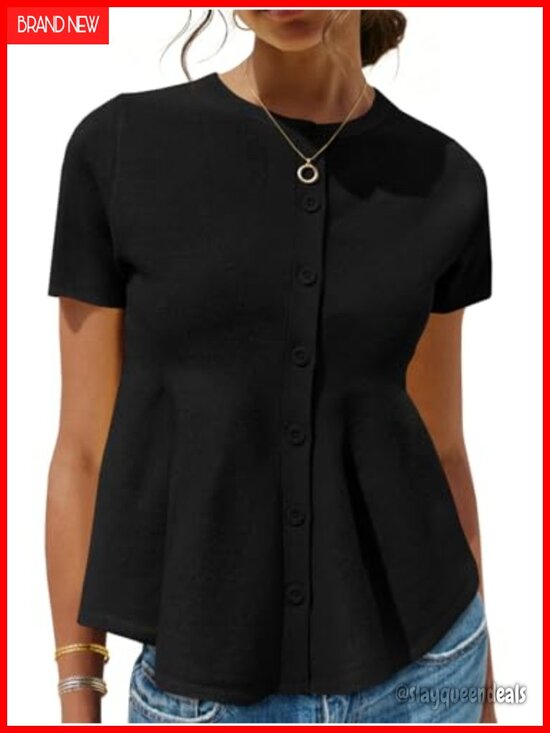 Sweaters - Short Sleeve Babydoll Cardigan with Button Closure and Flare Hem